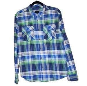 Prana nylon blue green plaid long sleeve button down. Roll tab.  Size medium